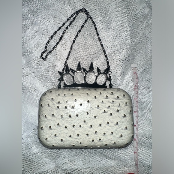 Small Off-White Hard Shell Clutch with Gunmetal Spike Brass-Knuckle Handle - Picture 2 of 6